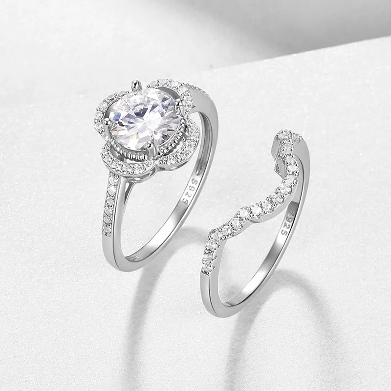 1.5 Carat Round Cut Moissanite Engagement Ring Set, 18K White Gold over Silver Wedding Rings for Women-Size (6-9)