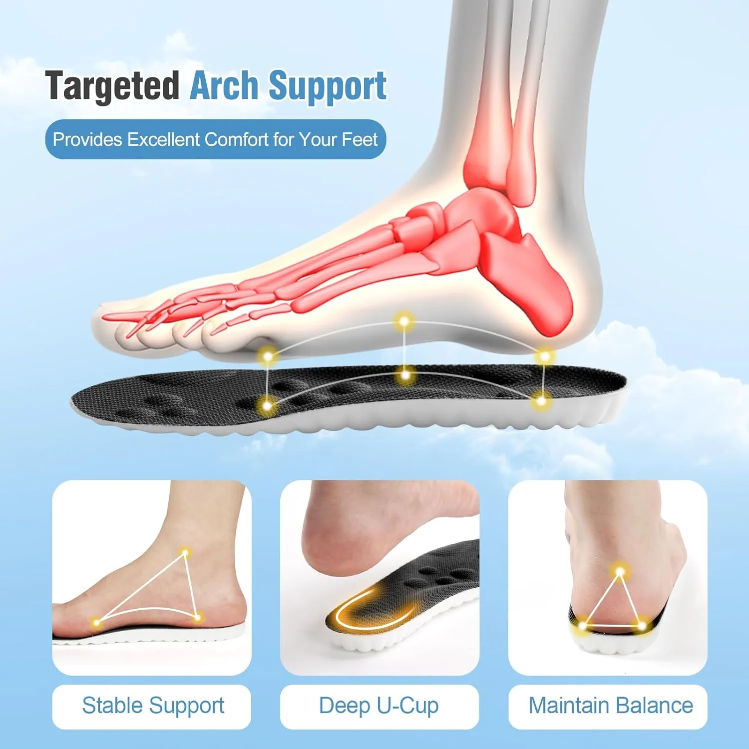 4D Cloud-Like Comfort Soles for Women - Soft Memory Foam Cushioning Insoles - Trim to Fit Steppers Insoles with Arch Support for Foot Pain Relief and Fatigue Reduction(US W 6.5-9)