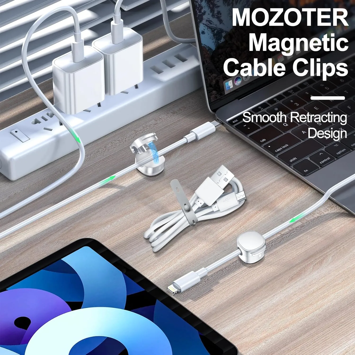 6 Pack,Magnetic Cable Clips & Silicon Cable Ties,[Cable Smooth Adjustable Under Desk Organizer],Cable Management,Cord Holder-Desk Stand Cable Organizer Holding,Adhesive for Home Cable Keeper