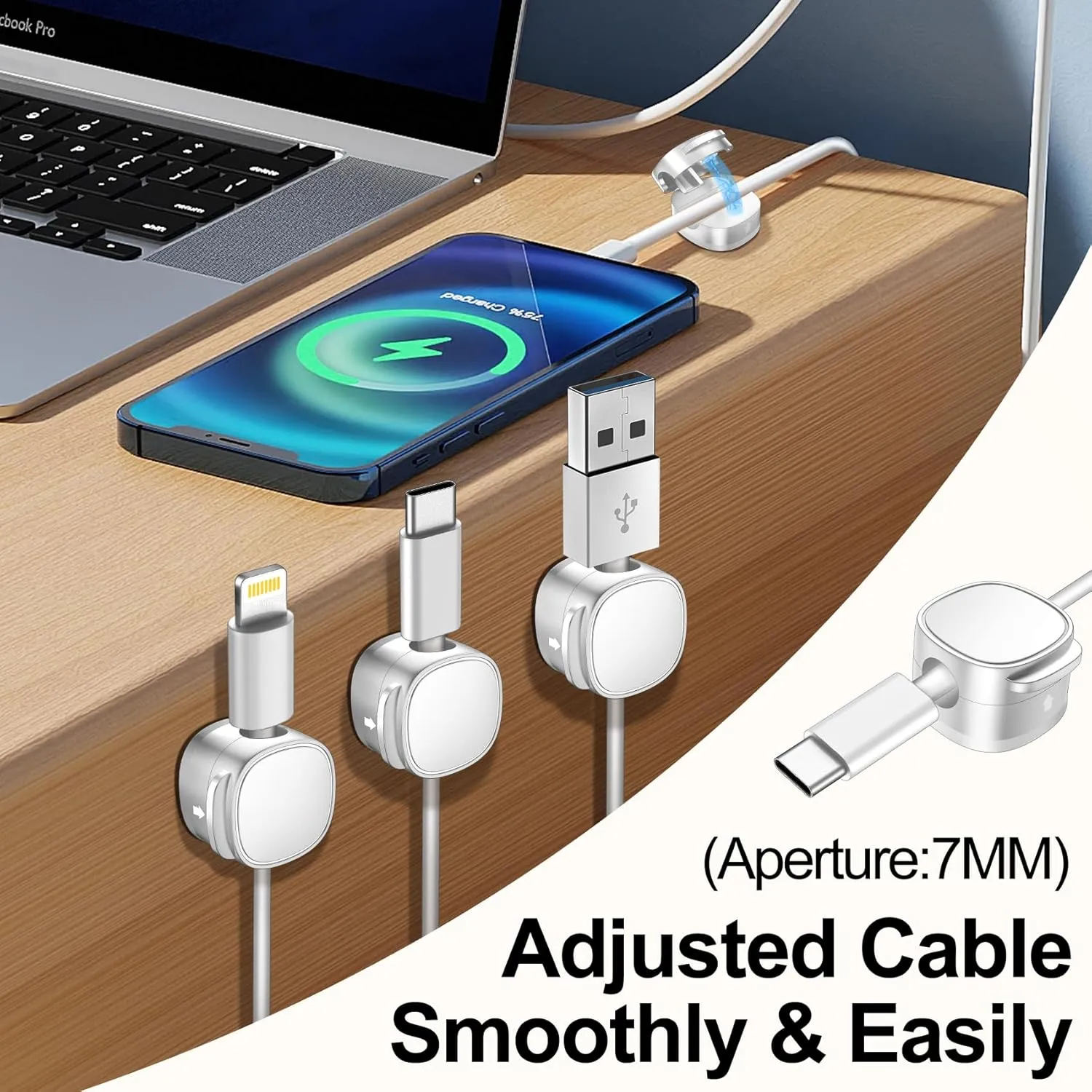 6 Pack,Magnetic Cable Clips & Silicon Cable Ties,[Cable Smooth Adjustable Under Desk Organizer],Cable Management,Cord Holder-Desk Stand Cable Organizer Holding,Adhesive for Home Cable Keeper