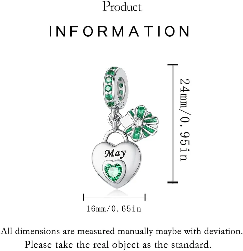 925 Sterling Silver Birthstone Bracelet Charm - Unique Heart Shaped Design, Fits most Europe Pandora Bracelets and Necklaces, women's DIY holiday Gifts