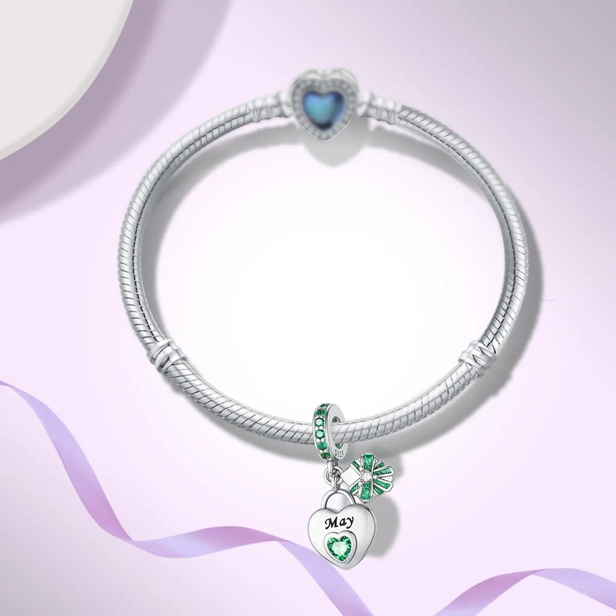925 Sterling Silver Birthstone Bracelet Charm - Unique Heart Shaped Design, Fits most Europe Pandora Bracelets and Necklaces, women's DIY holiday Gifts