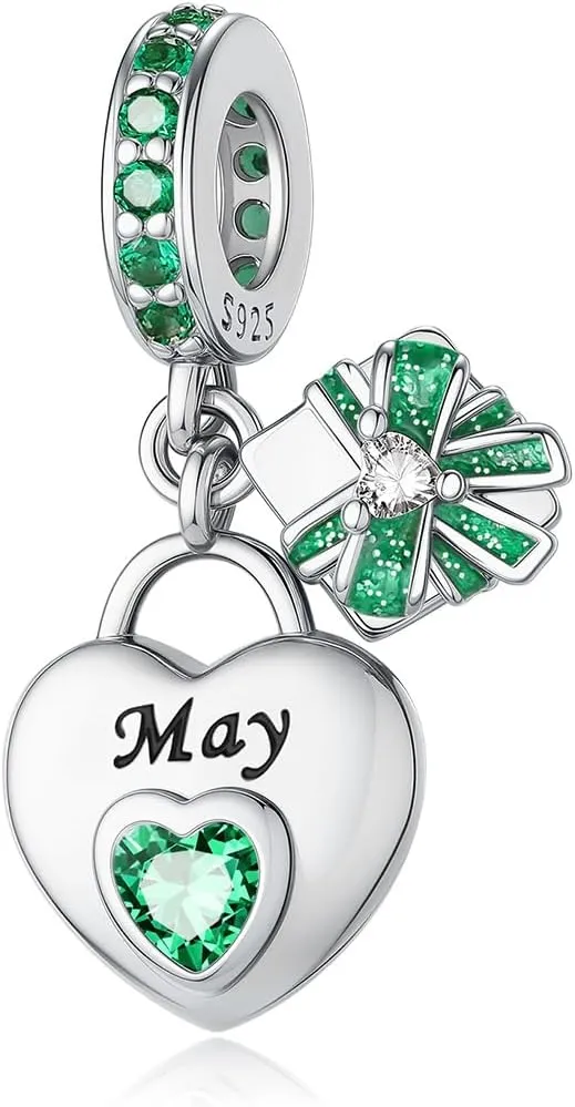 925 Sterling Silver Birthstone Bracelet Charm - Unique Heart Shaped Design, Fits most Europe Pandora Bracelets and Necklaces, women's DIY holiday Gifts