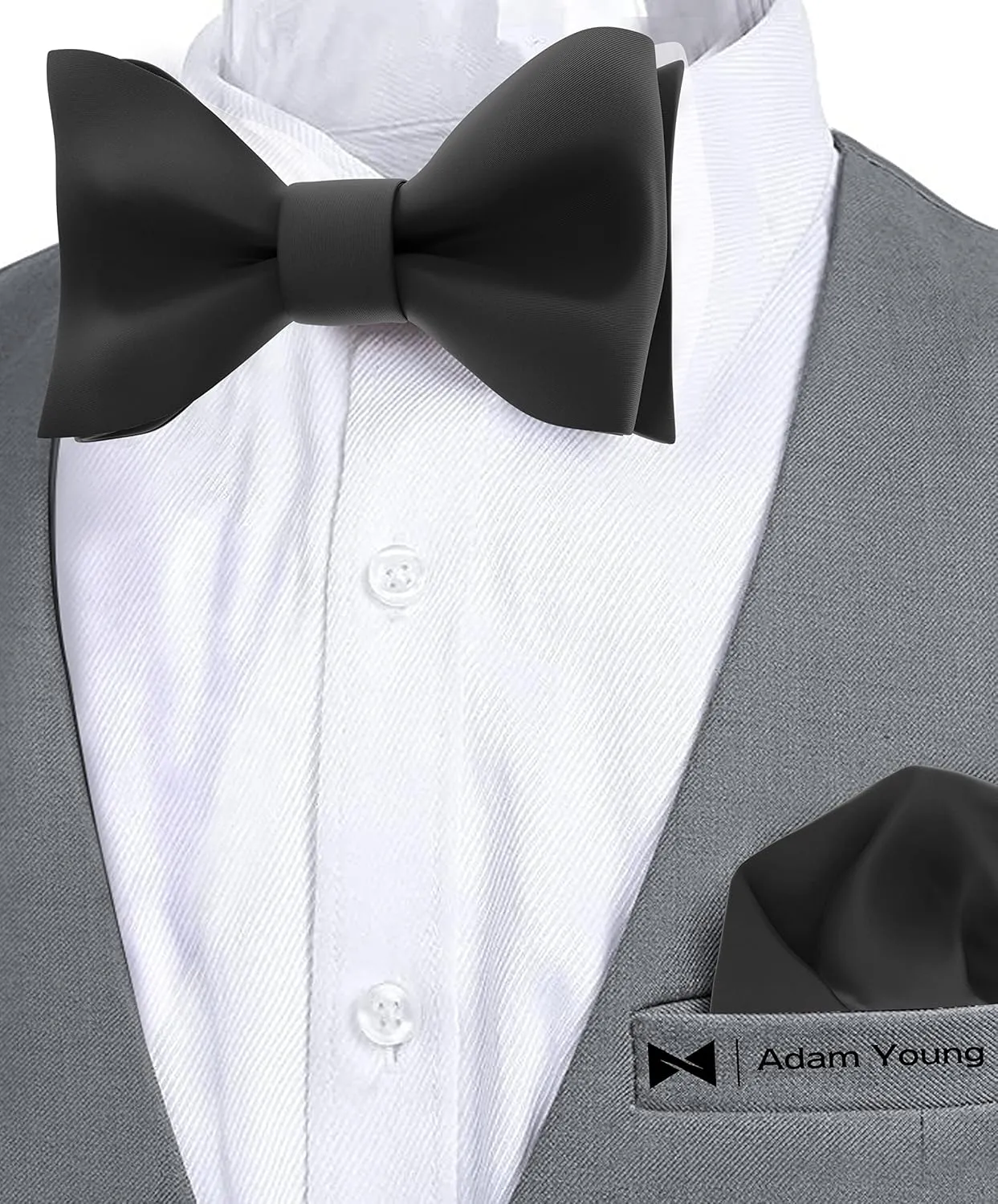 Adam Young Men's Self Tie Bow Tie with Pocket Squares Made of Sami-Glossy Satin Bowtie for Tuxedo Faux Silk