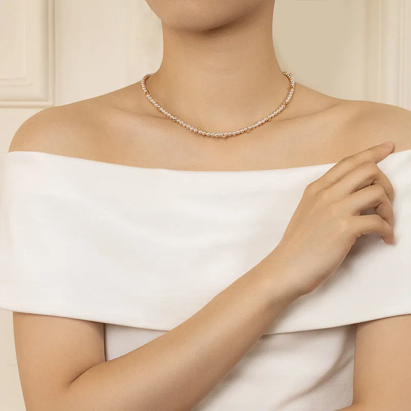 Akoya Saltwater Pearl 18K Gold Adorable Gold Bead Inset Classic Necklace