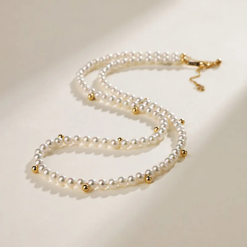 Akoya Saltwater Pearl 18K Gold Adorable Gold Bead Inset Classic Necklace