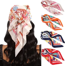AWAYTR 27.5 Silk Satin Square Head Scarf - 4PCS Satin Head Scarves for Women Hair Kerchief Bandanas Sleeping Head Wraps