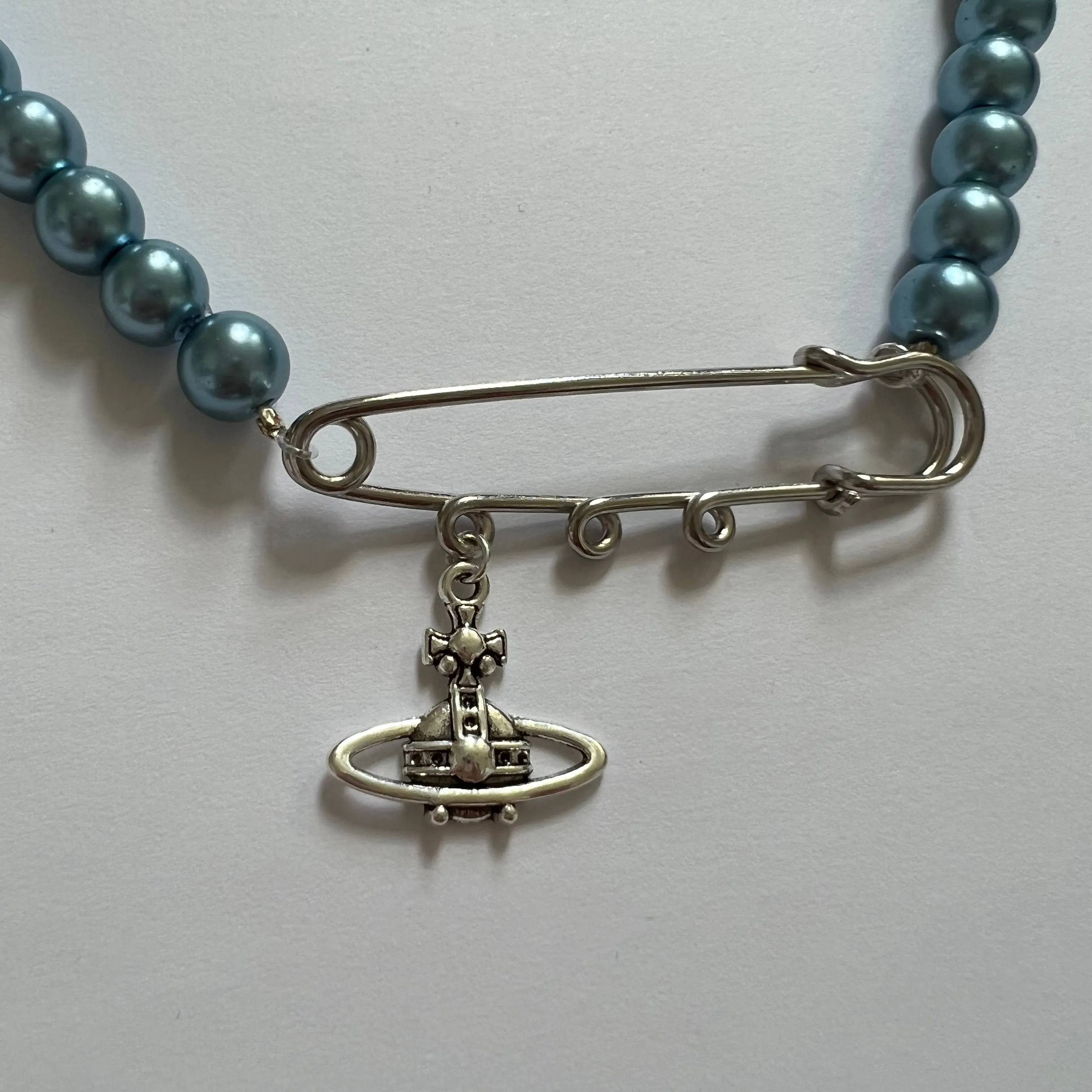 Blue Pearl Safety Pin Necklace