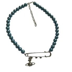 Blue Pearl Safety Pin Necklace