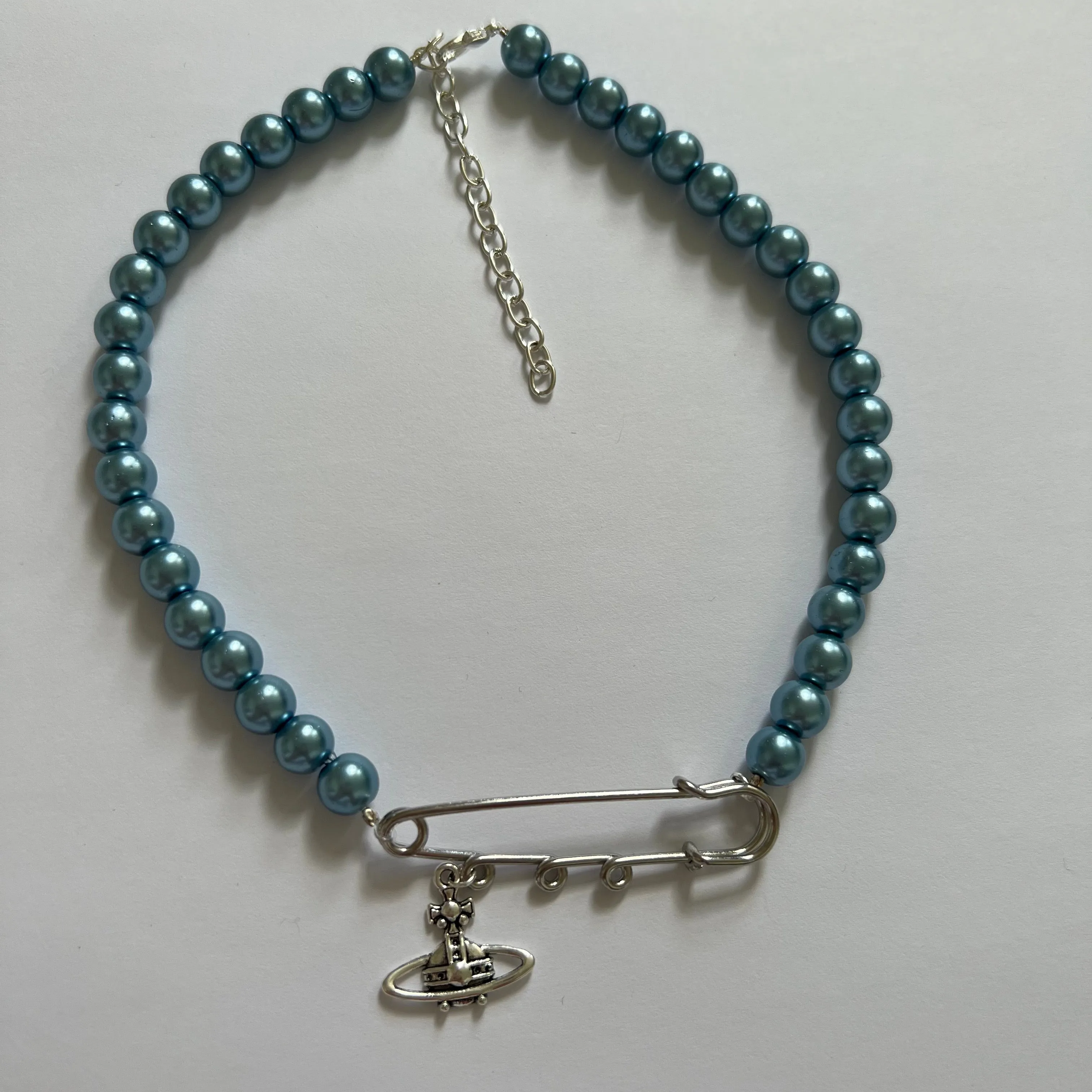 Blue Pearl Safety Pin Necklace