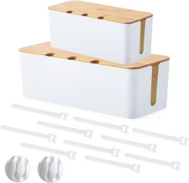 Cable Management Box 2 Size, Cord Cable Organizer Box with Bamboo Lid, Under Desk Cable Management with 10 Cable Ties and 2 Cable Clip Holders for TV Router Computer USB Hub