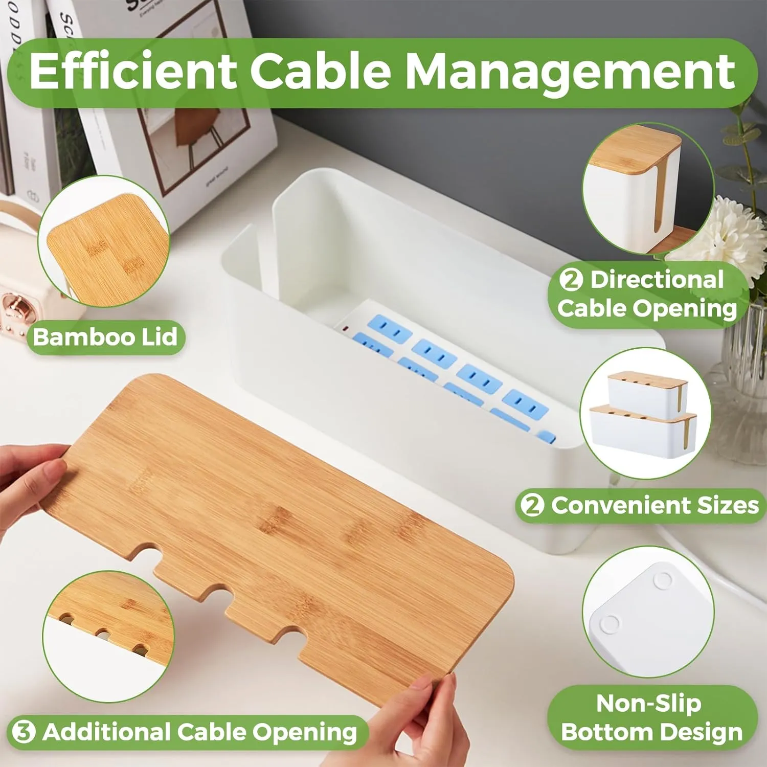 Cable Management Box 2 Size, Cord Cable Organizer Box with Bamboo Lid, Under Desk Cable Management with 10 Cable Ties and 2 Cable Clip Holders for TV Router Computer USB Hub