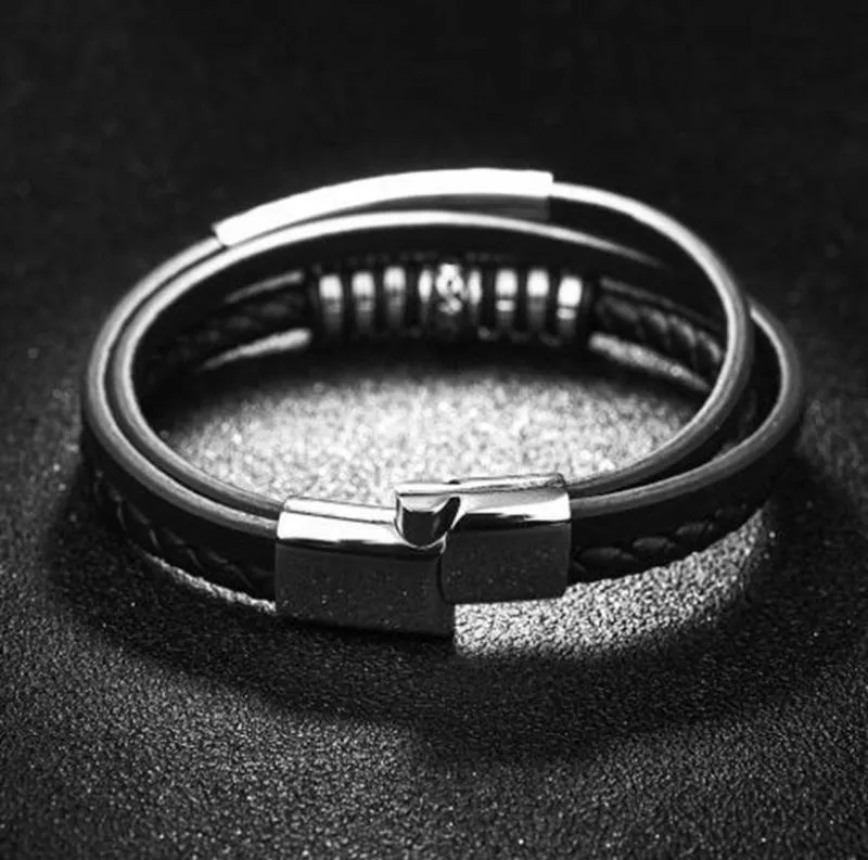 Classic Black Men Leather Bracelet Multilayer Silver Color Magnetic Clasp Casual Bracelet