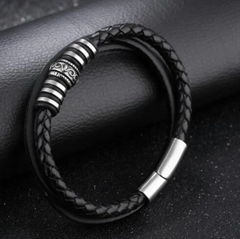 Classic Black Men Leather Bracelet Multilayer Silver Color Magnetic Clasp Casual Bracelet