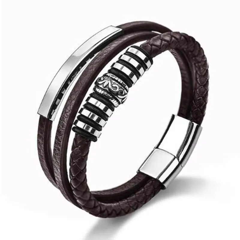 Classic Black Men Leather Bracelet Multilayer Silver Color Magnetic Clasp Casual Bracelet