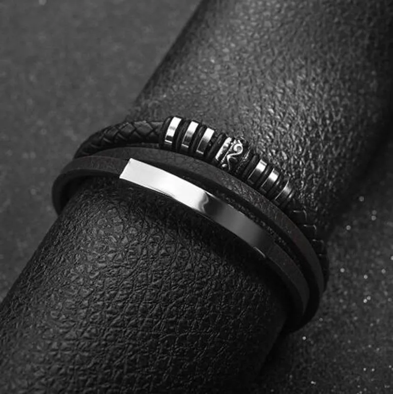 Classic Black Men Leather Bracelet Multilayer Silver Color Magnetic Clasp Casual Bracelet