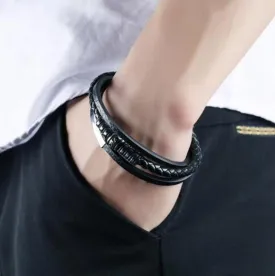 Classic Black Men Leather Bracelet Multilayer Silver Color Magnetic Clasp Casual Bracelet