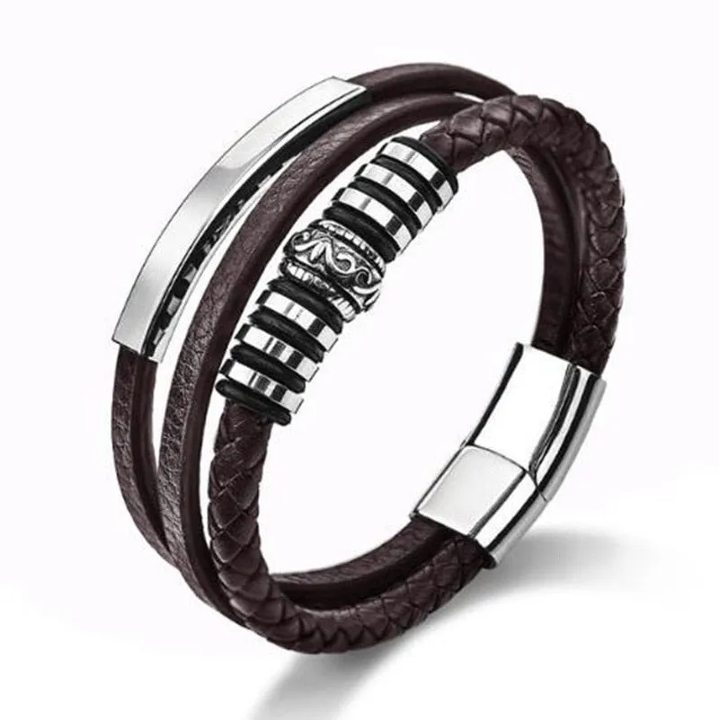 Classic Black Men Leather Bracelet Multilayer Silver Color Magnetic Clasp Casual Bracelet
