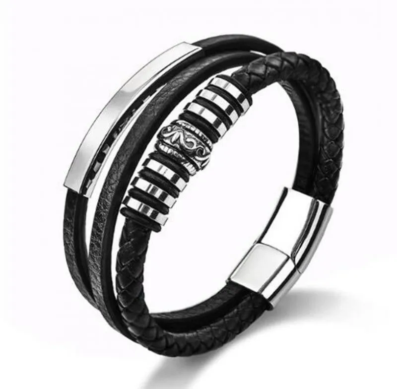 Classic Black Men Leather Bracelet Multilayer Silver Color Magnetic Clasp Casual Bracelet