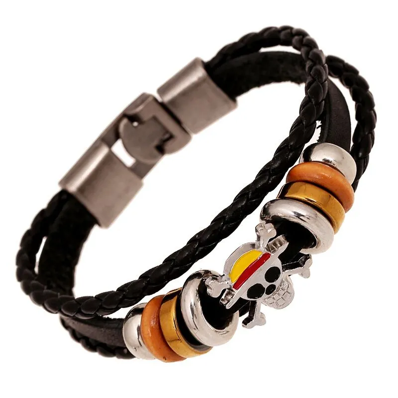 Classic Japan Anime One Piece Charm Bracelet Wooden Beads Multilayer Leather Bracelet