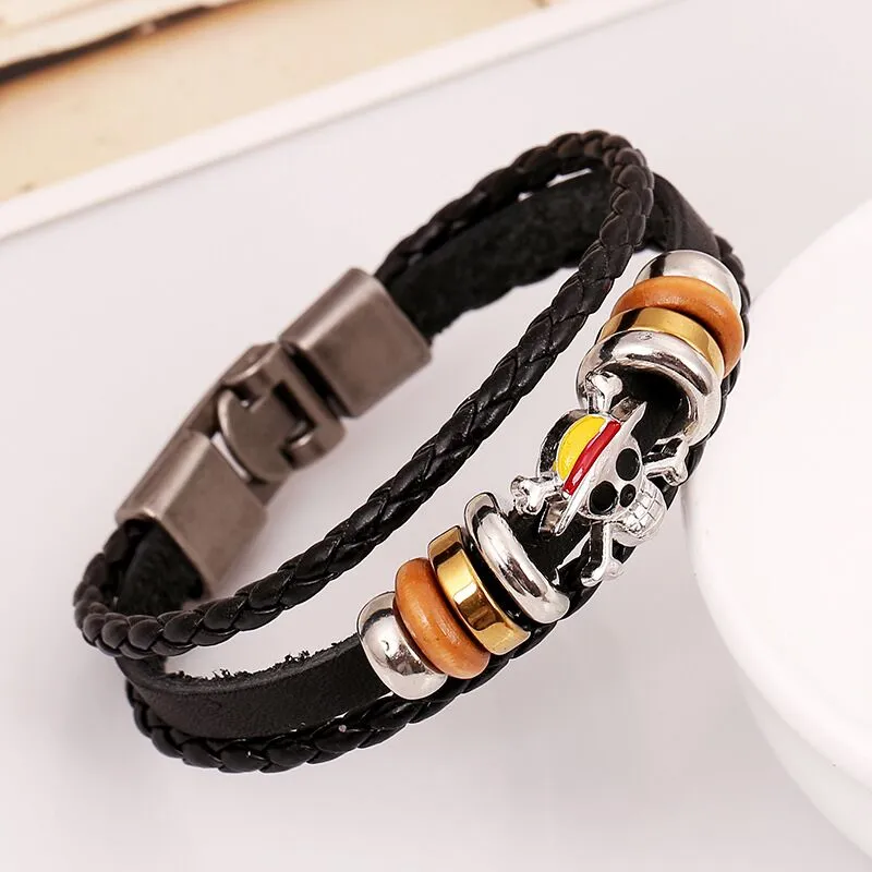 Classic Japan Anime One Piece Charm Bracelet Wooden Beads Multilayer Leather Bracelet