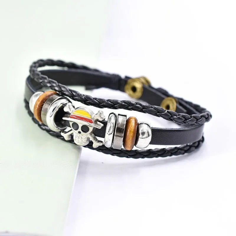 Classic Japan Anime One Piece Charm Bracelet Wooden Beads Multilayer Leather Bracelet