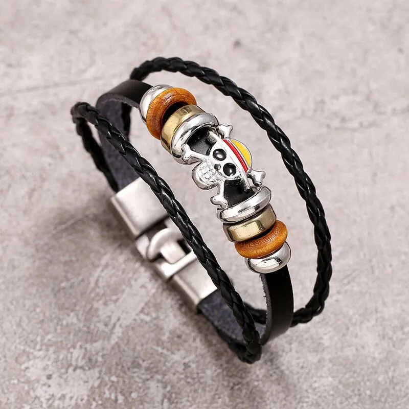 Classic Japan Anime One Piece Charm Bracelet Wooden Beads Multilayer Leather Bracelet