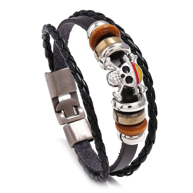 Classic Japan Anime One Piece Charm Bracelet Wooden Beads Multilayer Leather Bracelet