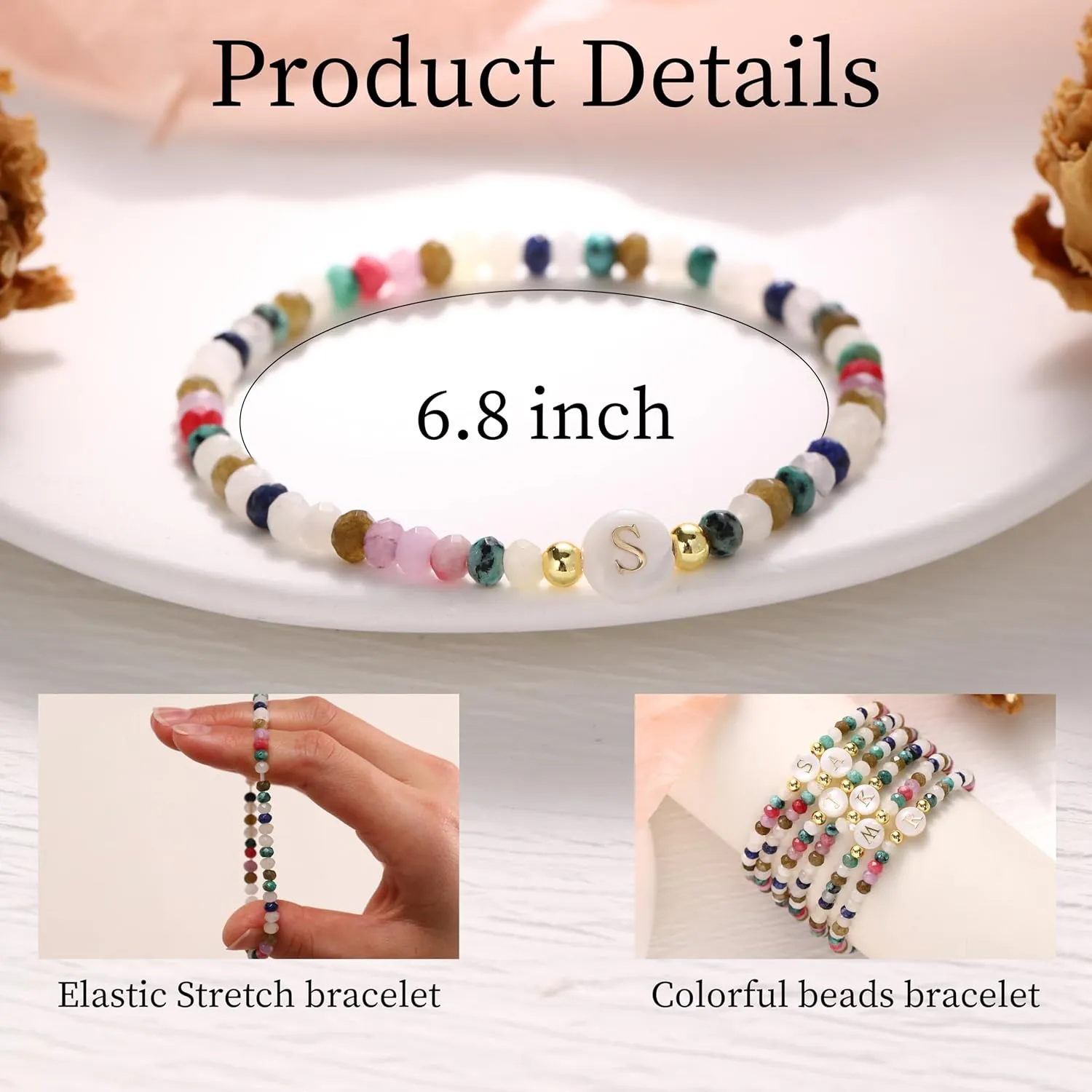 Crystal Beaded Bracelets for Girls Beaded Initial Bracelet Birthday Gift Colorful Beaded Stretch Bracelets for Women Dainty Letter Bracelet Friendship Bracelet Teen Girl Gifts