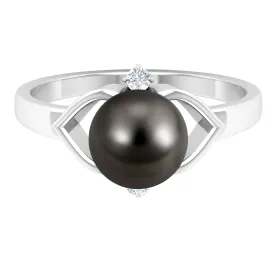 Genuine Tahitian Pearl Solitaire Split Shank Engagement Ring with Diamond