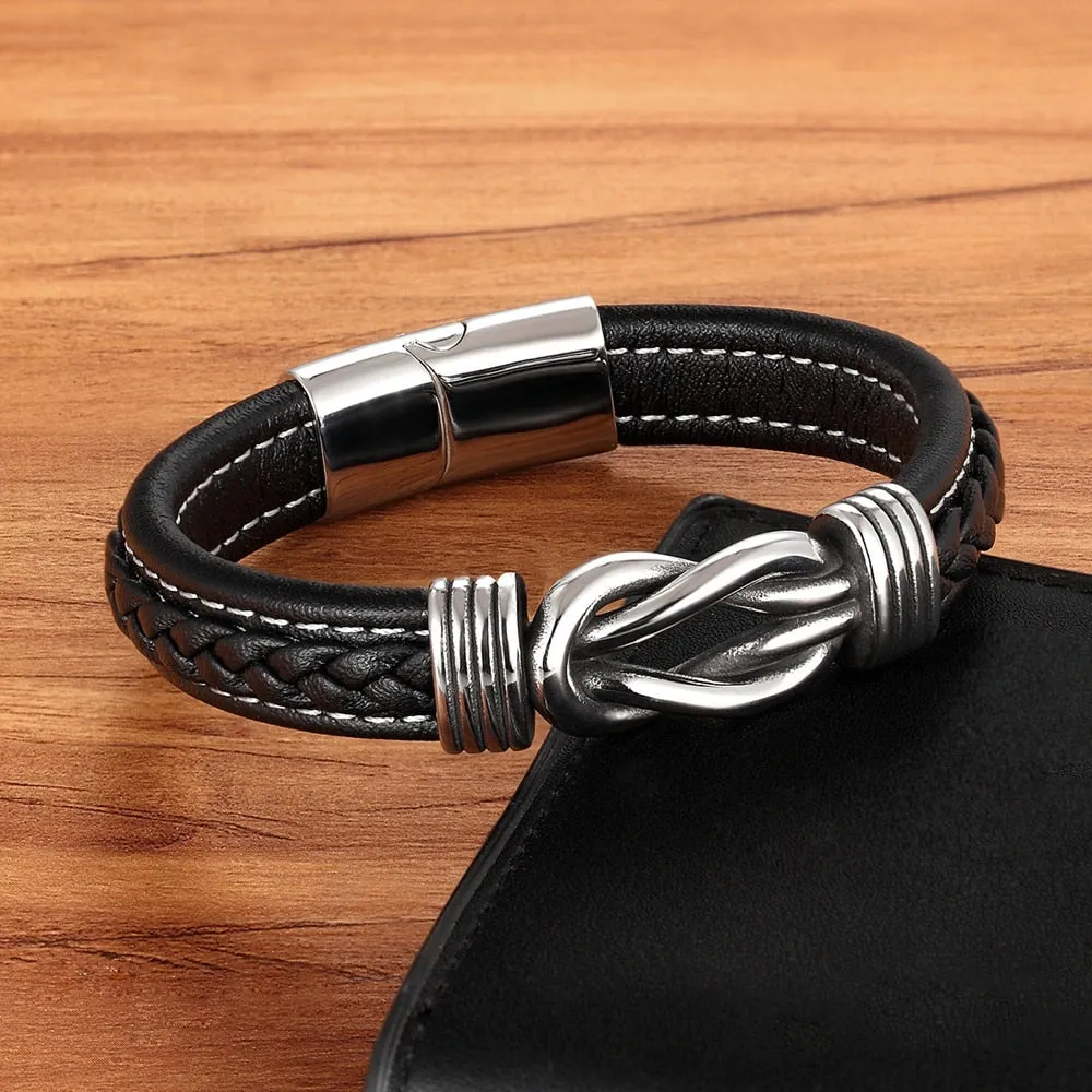 Geometric Stainless Steel Men Leather Bracelet