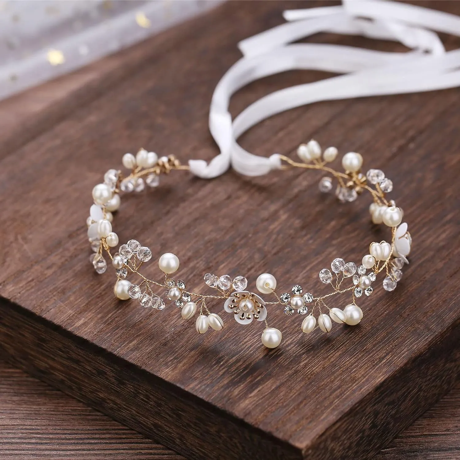 Hair Accessories: Bridal Pearl Flower Headpiece Headband for Girls, Flower Girls, and Women (Gold)