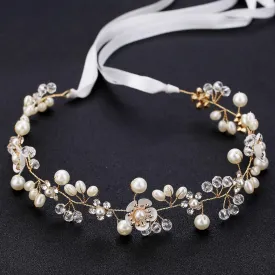 Hair Accessories: Bridal Pearl Flower Headpiece Headband for Girls, Flower Girls, and Women (Gold)