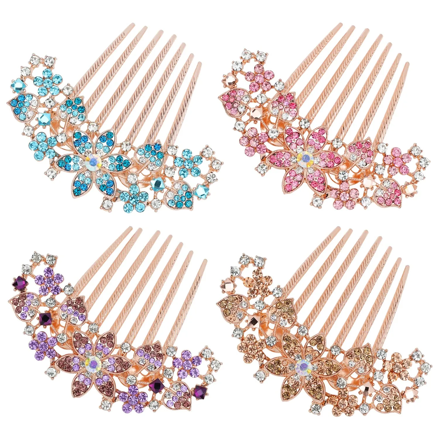 inSowni 4 Pack Luxury Glitter Sparkly Jeweled Gems Crystals Rhinestones Gold Metal Hair Side Combs Slides with Long Teeth Hair Bun Chignon Accessories Hairpins Barrettes Clips for Women Girls