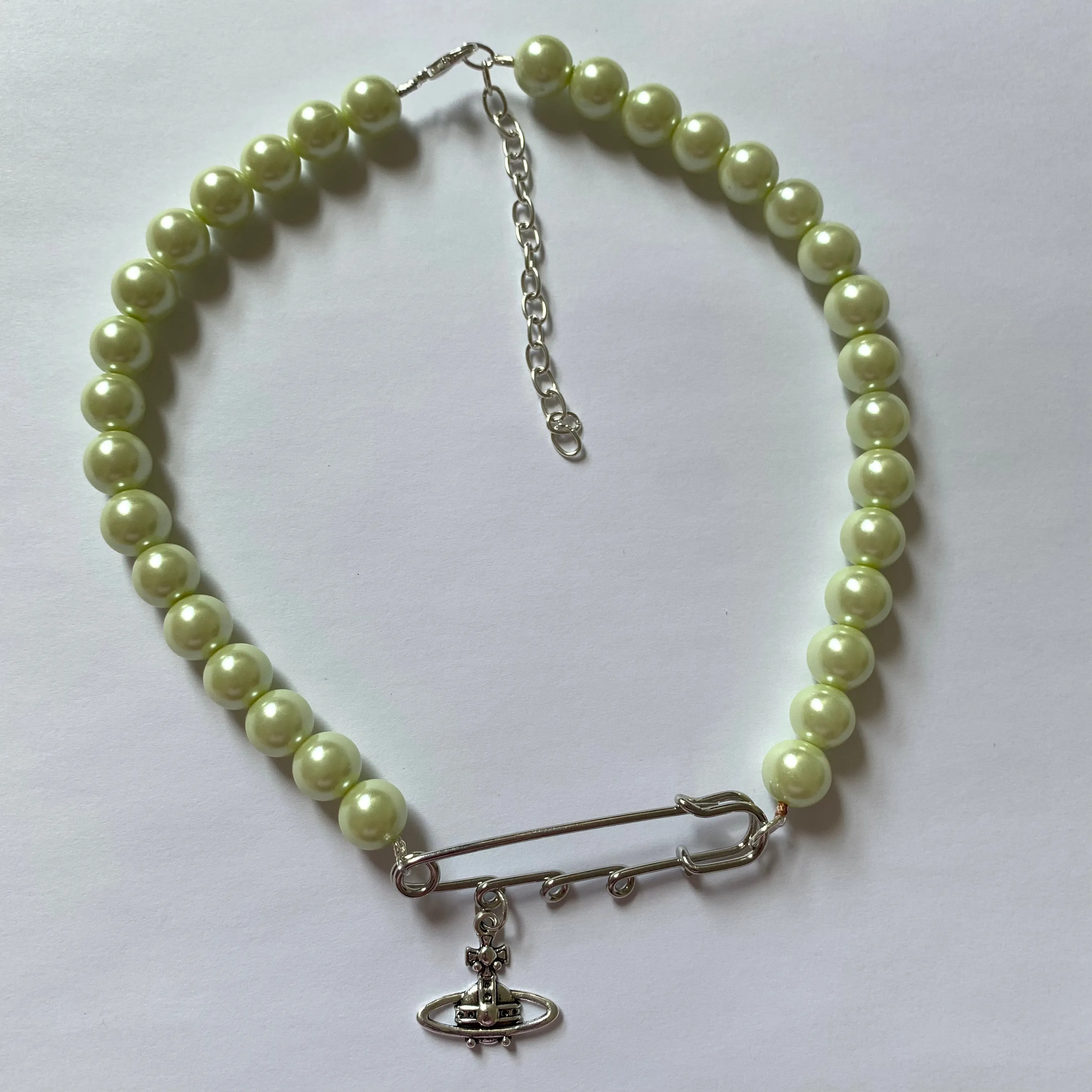 Lime Pearl Safety Pin Necklace