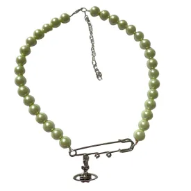 Lime Pearl Safety Pin Necklace