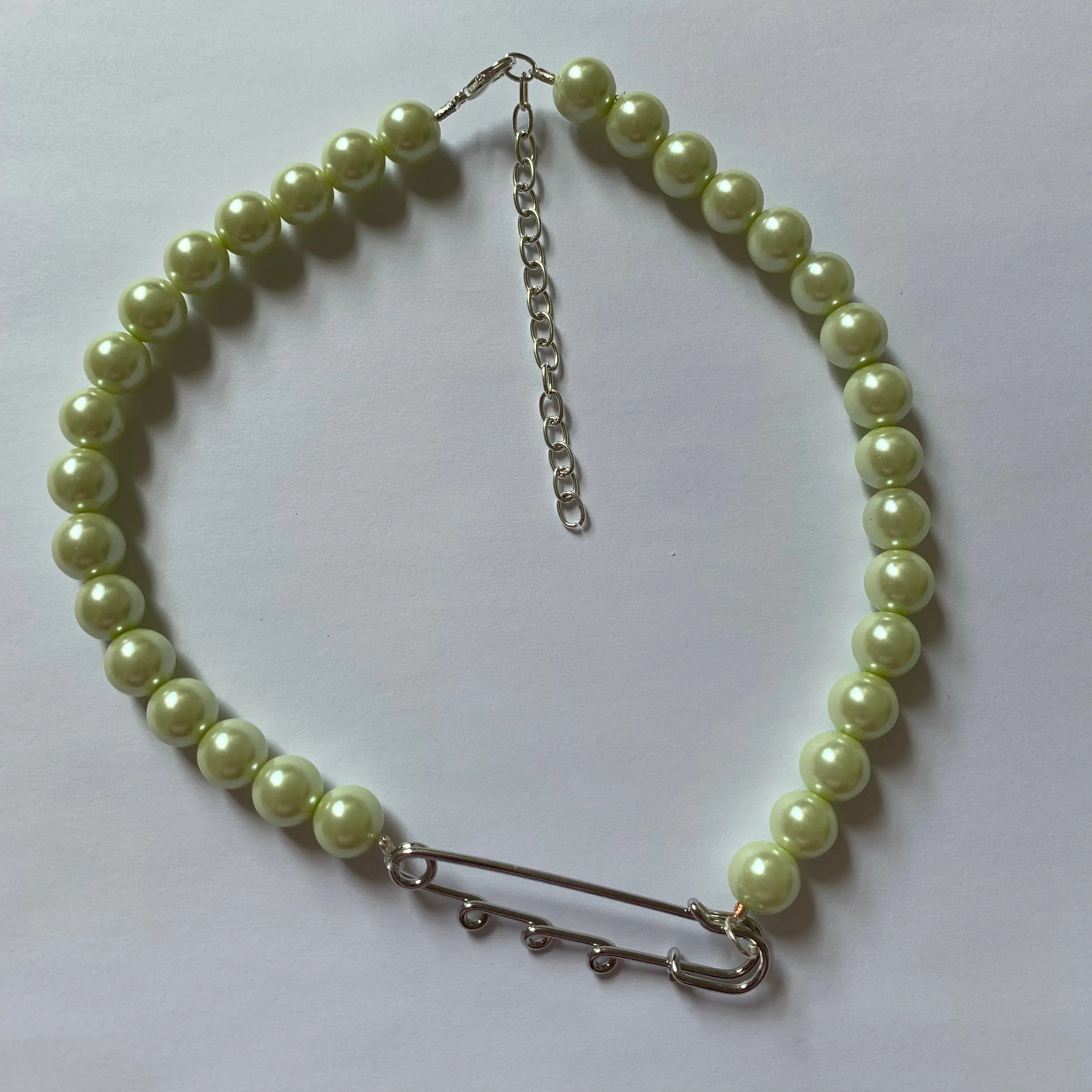 Lime Pearl Safety Pin Necklace
