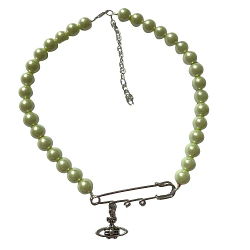 Lime Pearl Safety Pin Necklace