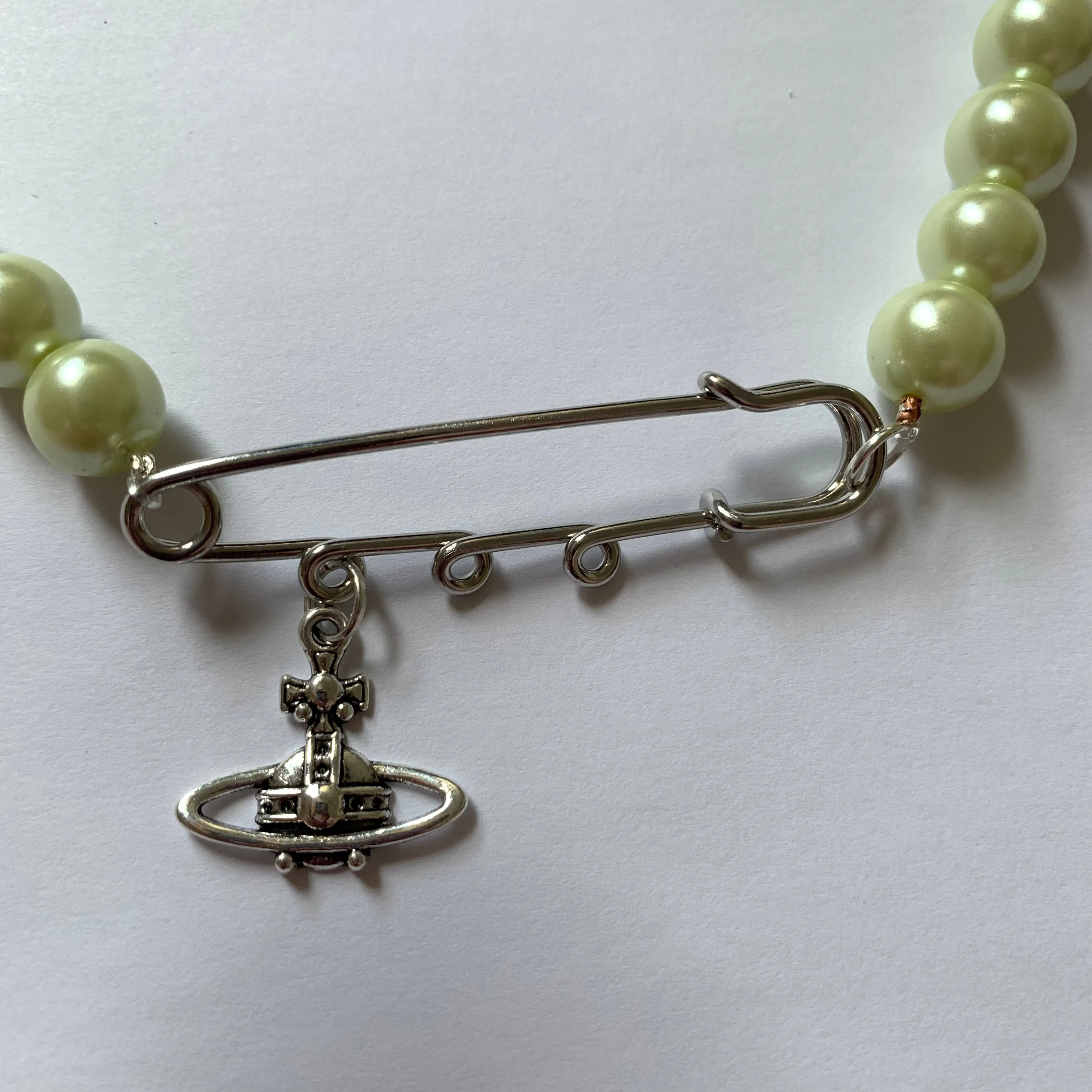 Lime Pearl Safety Pin Necklace