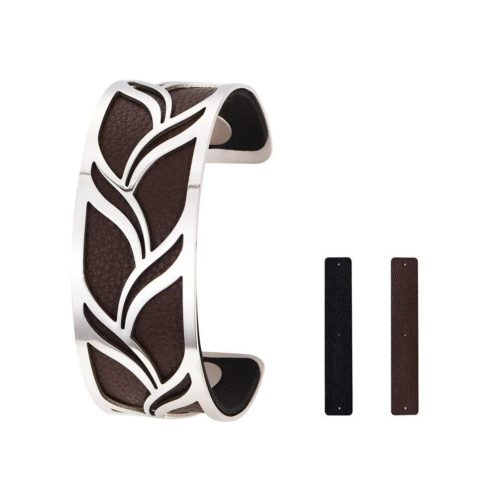 Luxury Stainless Steel Cuff Bangle Interchangable Leather Bracelets