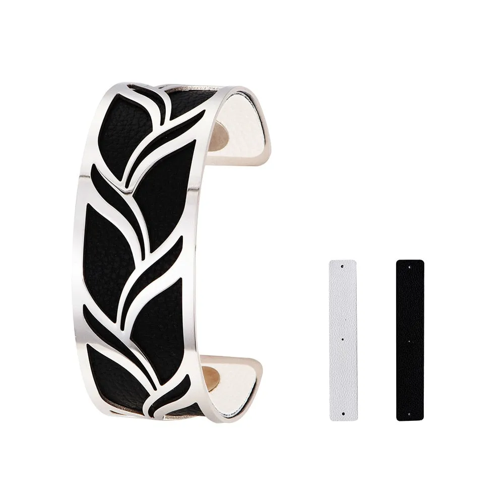 Luxury Stainless Steel Cuff Bangle Interchangable Leather Bracelets