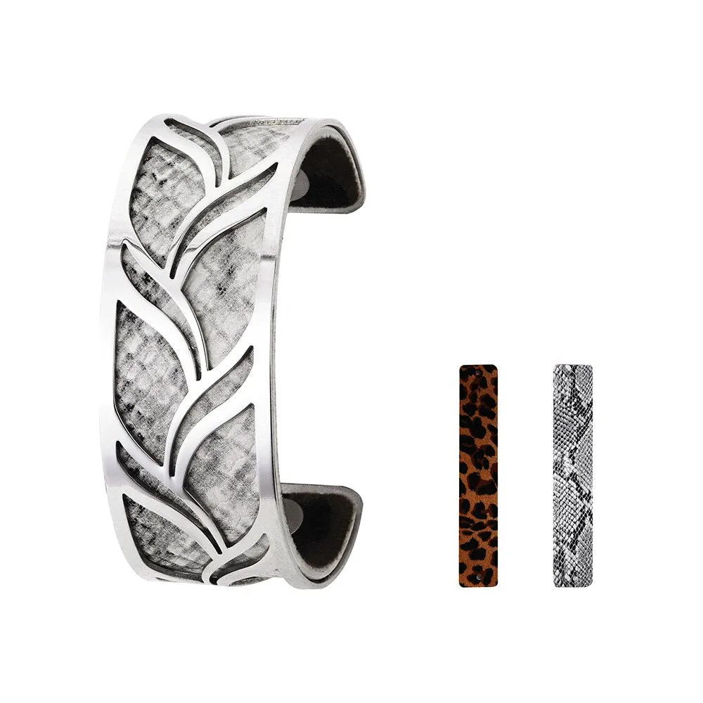 Luxury Stainless Steel Cuff Bangle Interchangable Leather Bracelets