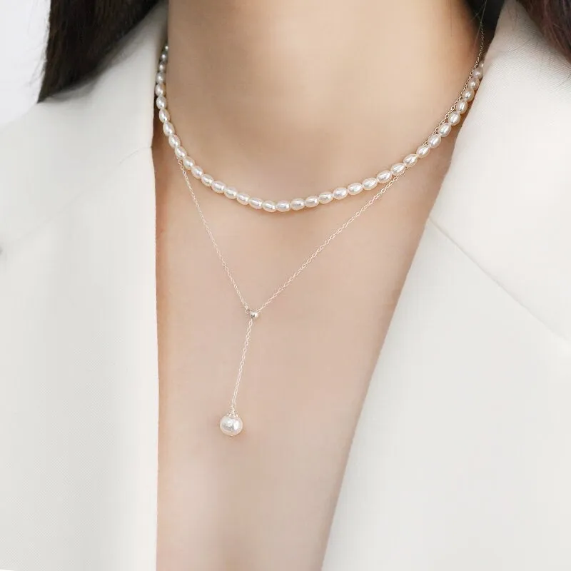 Natural Freshwater Pearl Necklace, Silver Pearl Y Necklace, Dainty Pearl Necklace, Bridal Necklace, Bridesmaids Necklace, Wedding Lariat