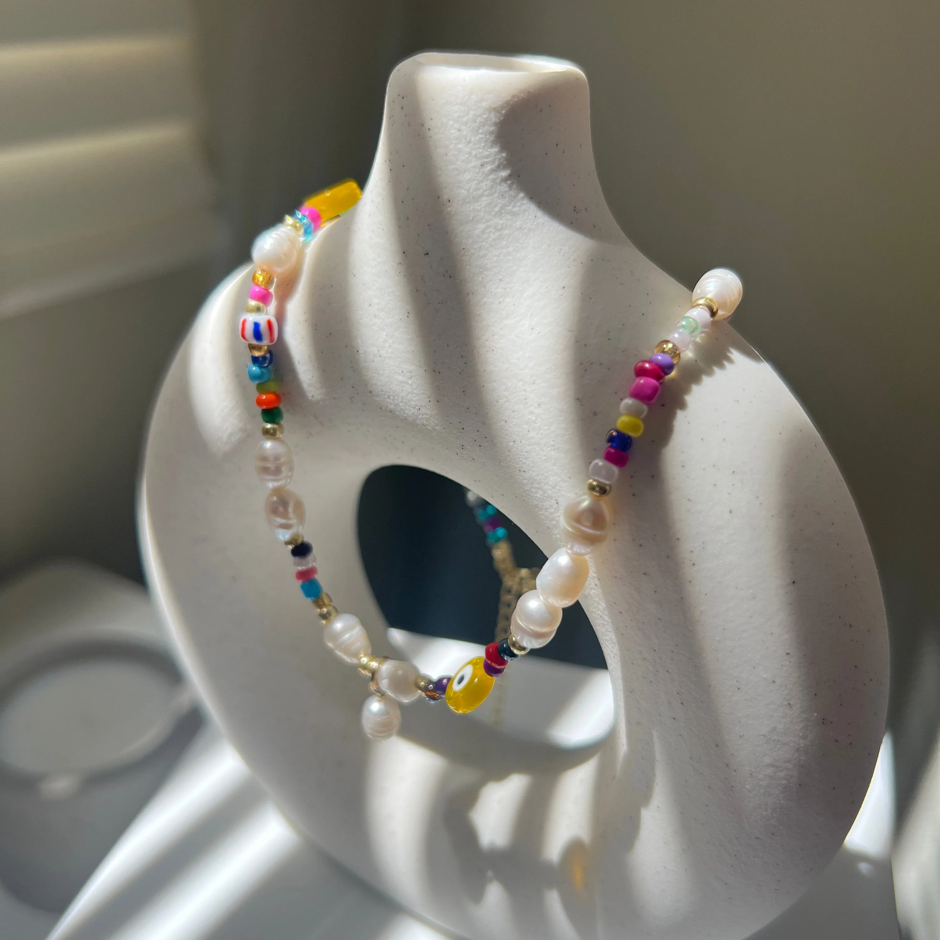 Natural Pearl Beaded Necklace, Colorful Necklace, Hippie Necklace, Pearl Rainbow Necklace, Freshwater Pearl Necklace, Summer Beaded Necklace