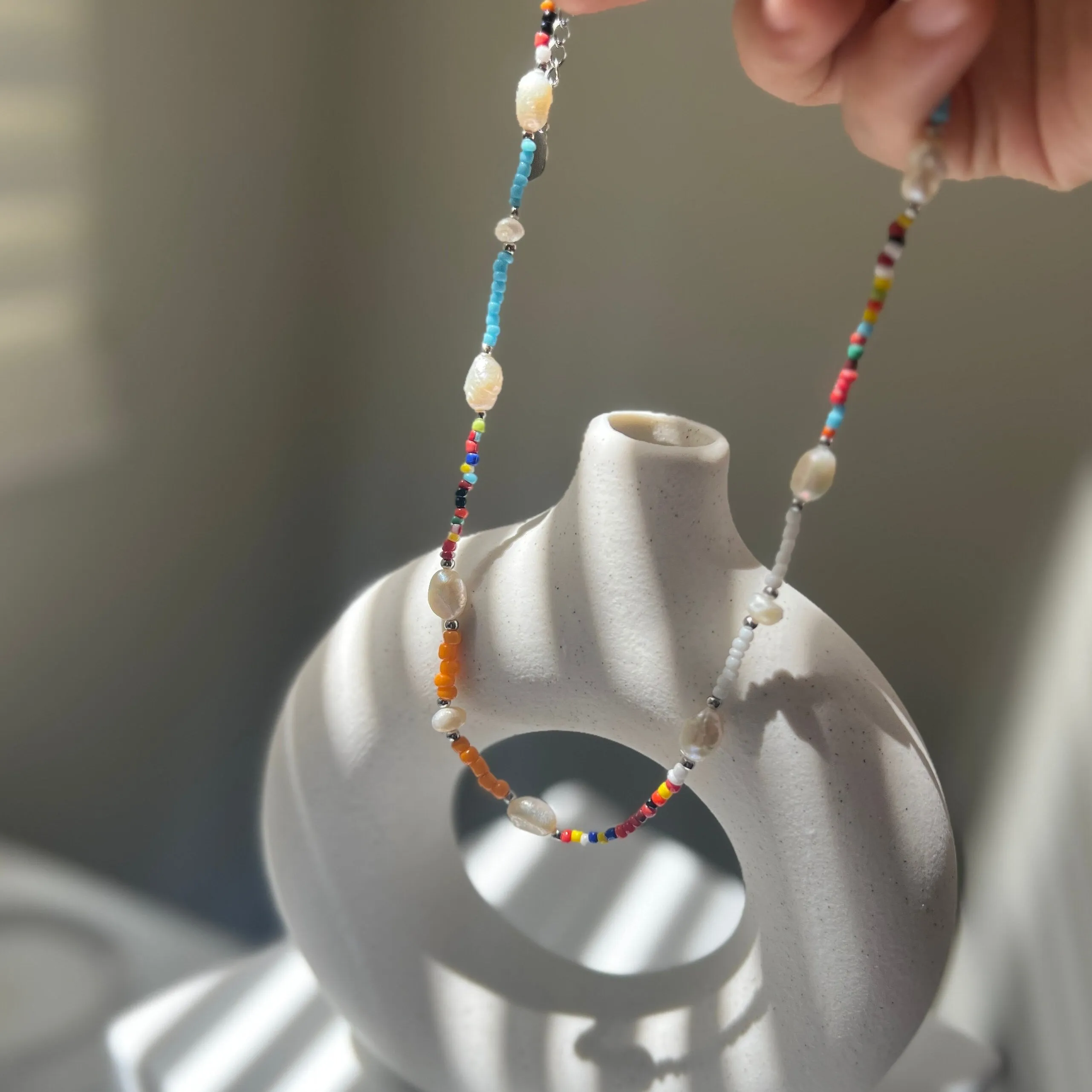 Natural Pearl Beaded Necklace, Colorful Necklace, Hippie Necklace, Pearl Rainbow Necklace, Freshwater Pearl Necklace, Summer Beaded Necklace