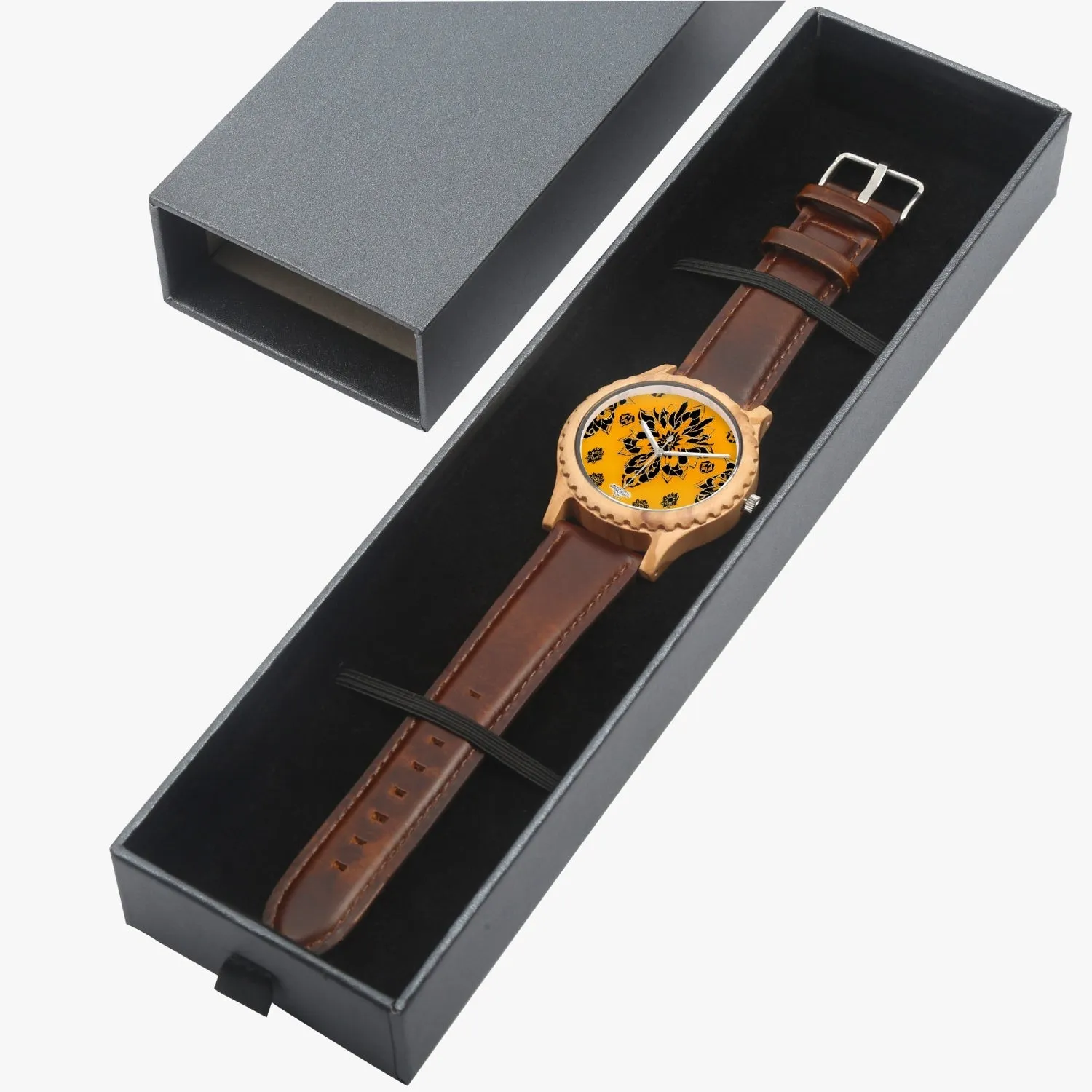 Orange and black royal pattern Italian Olive Lumber Wooden Watch - Leather Strap
