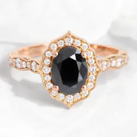 Oval Black Diamond Engagement Ring in Vintage Floral Scalloped Band