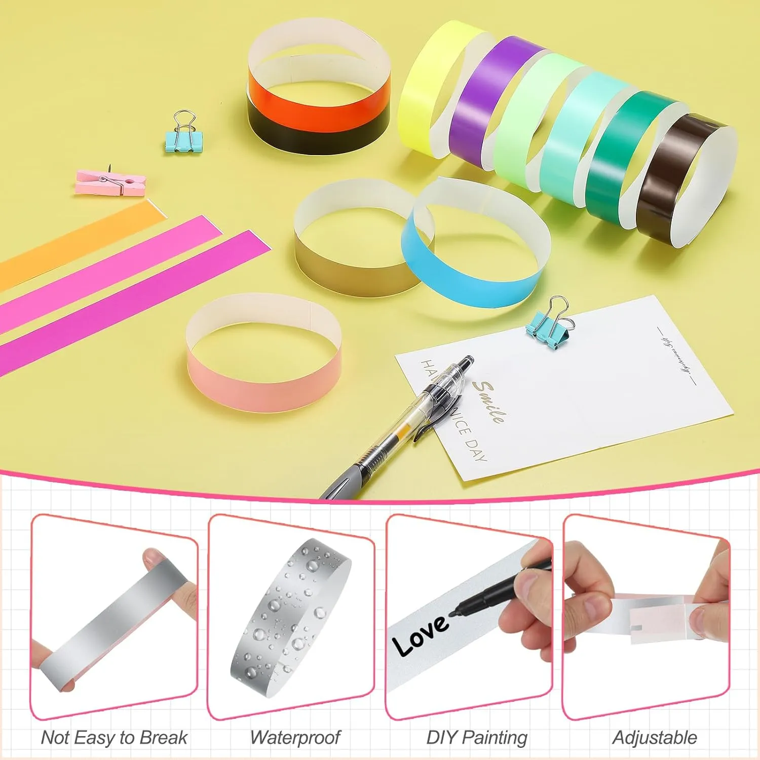 PATIKIL Paper Wristbands for Events, 500 Pack Neon Party Wrist Bands, Colored Waterproof Concert Identification Wristbands Hand Bands for Bar Entrance Admission Silver