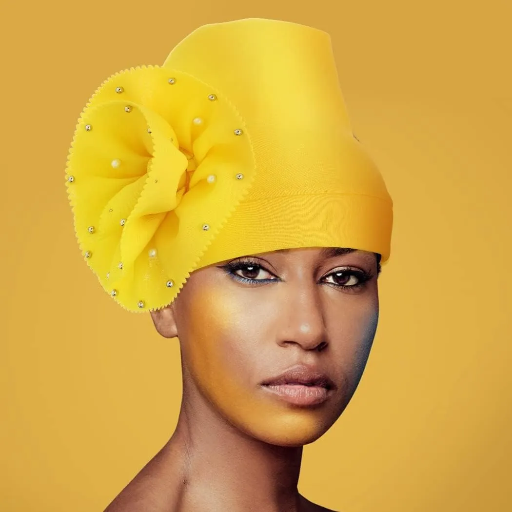 Urieo African Turban Headwrap Flower Head Wrap Cap Pre-Tied Pearl Head Scarf for Women