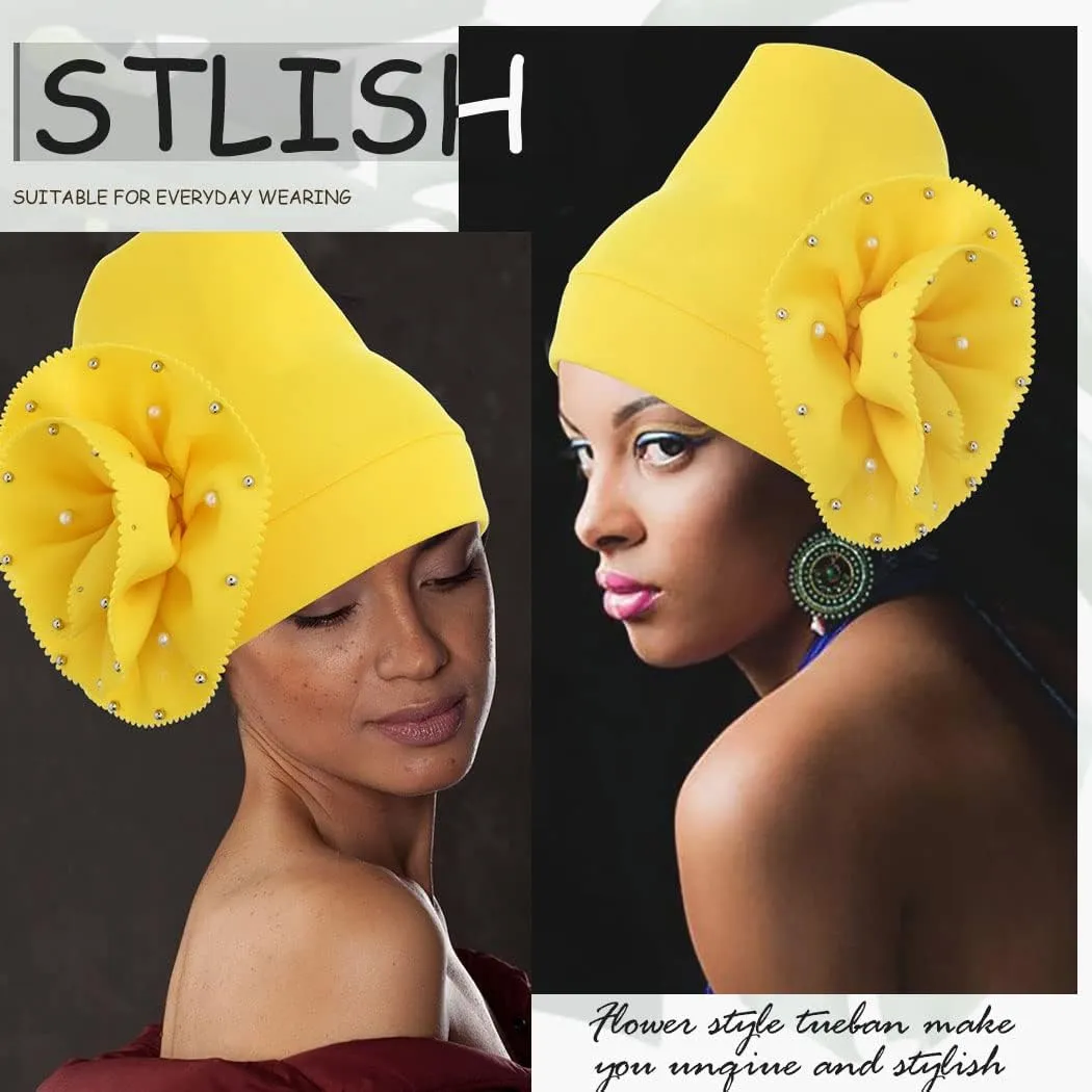 Urieo African Turban Headwrap Flower Head Wrap Cap Pre-Tied Pearl Head Scarf for Women
